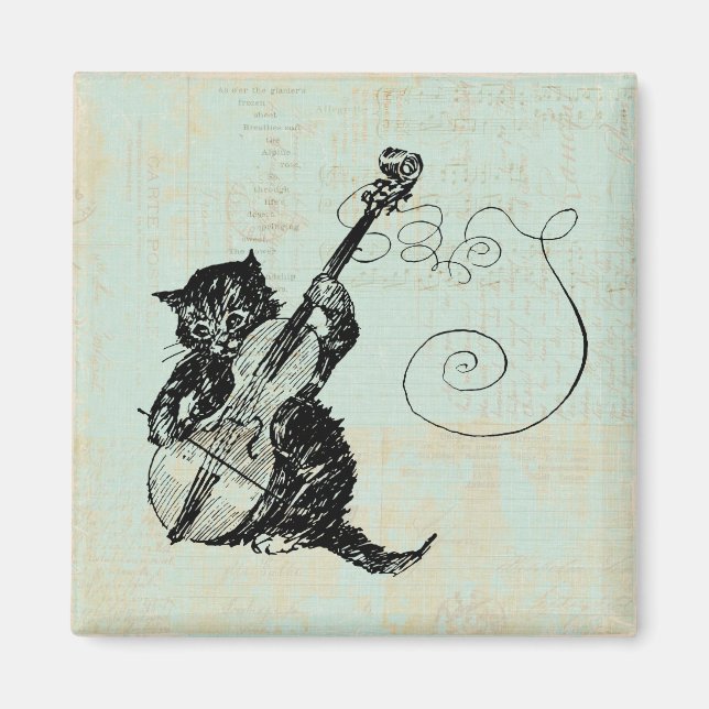 Kitten Spela Violin Teal Music Cat Illustration Magnet (Framsidan)
