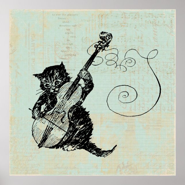 Kitten Spela Violin Teal Music Cat Illustration Poster (Framsidan)
