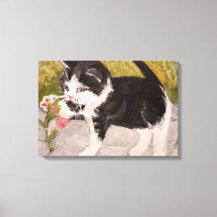 Kitten spelar med Rosa Flower Canvastryck