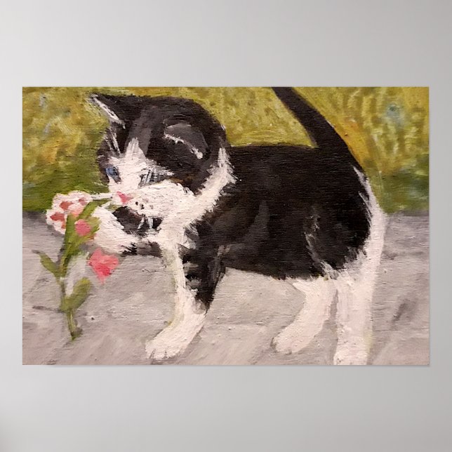 Kitten spelar med Rosa Flower Poster (Framsidan)