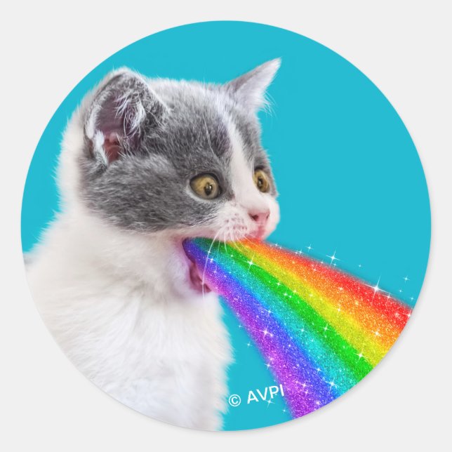 Kitten Spits Up Rainbow Runt Klistermärke (Framsida)