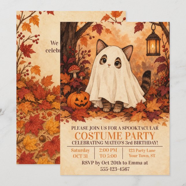 Kitten Spök Kostym Halloween Födelsedagsfest Inbjudningar (Fram/baksida)