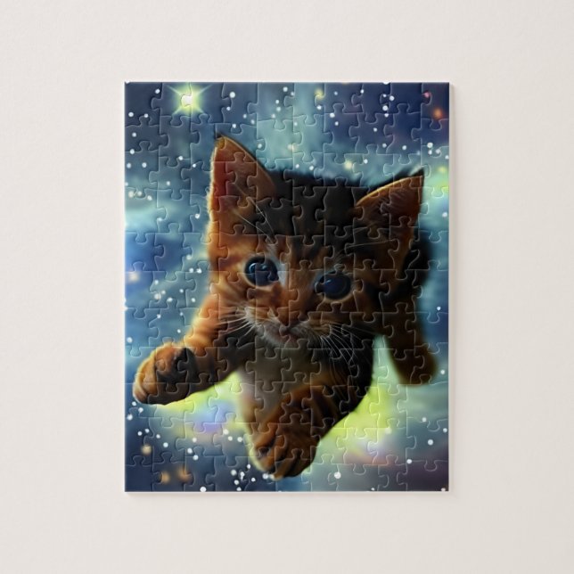 Kitten springer i Space Jigszle Puzzle Pussel (Vertikal)
