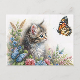 Kitten Staring At Butterfly Floral Art Vykort