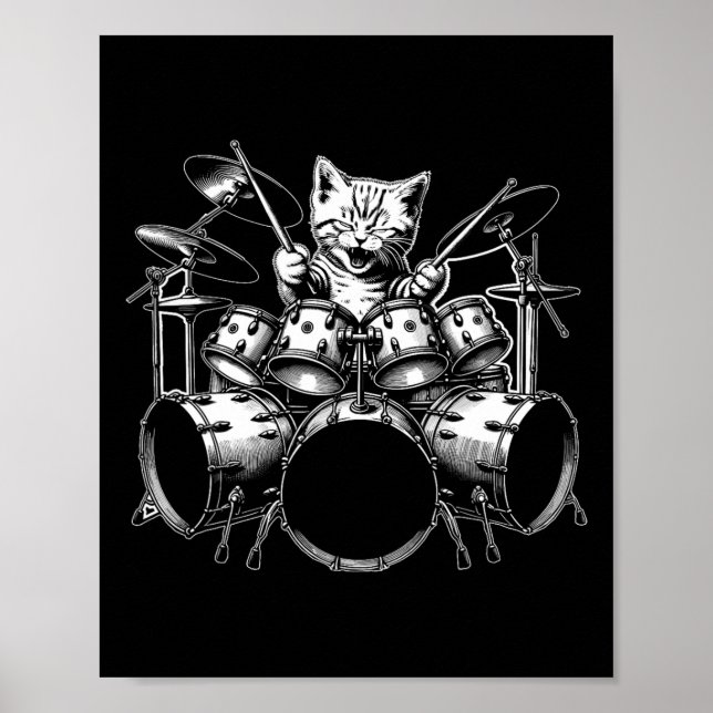 Kitten Sten Band Funny Kattunge Drummer Cat Spela  Poster (Framsidan)