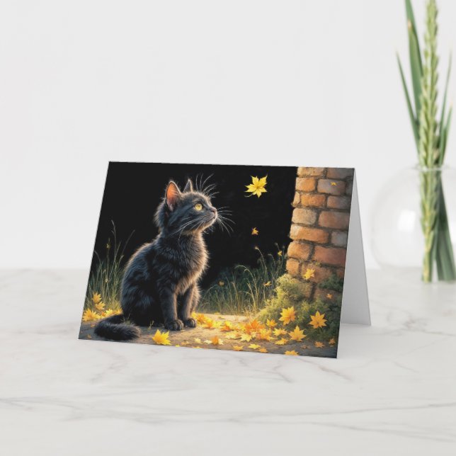 Kitten tittar på en sjunkande höst Löv Kort (Framsida)