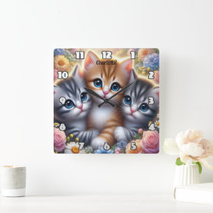 Kitten Trio: Cute, Cudely, Blommigt Ram Fyrkantig Klocka