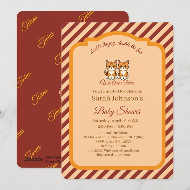 Kitten Twins Baby Shower Orange  Burgundy Stripes Inbjudningar (Fram/baksida)