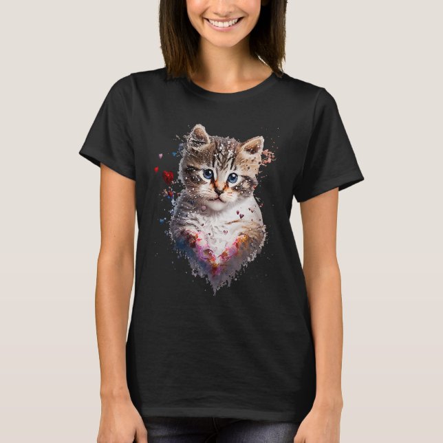 Kitten Watercolor Painting Cat Mamma Valentine Day T Shirt (Framsida)