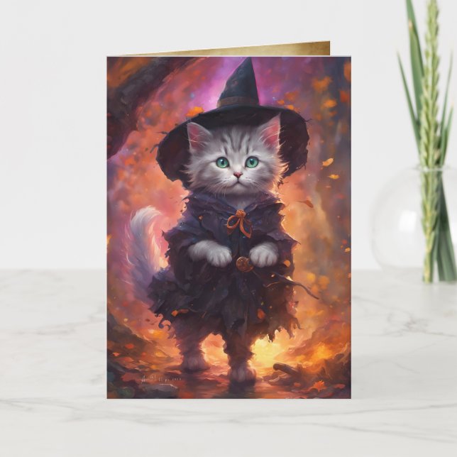 Kitten Witch, Happy halloween Cute Cat Witch Kort (Framsida)