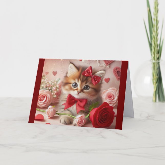Kitten With Roses And Hearts Holiday Card Helgkort (Framsida)