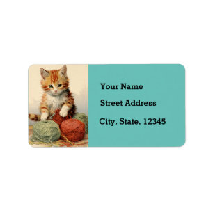 Kitten with Yarn Return Address Label Adressetikett