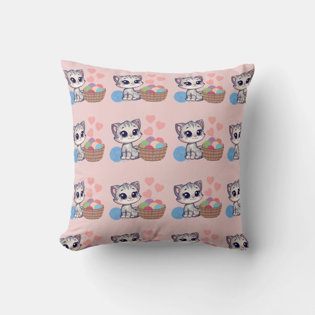 Kitten & Yarn Throw Pillow Kudde (Framsida)