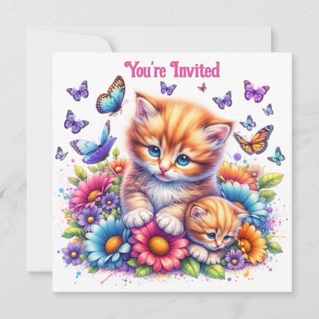 Kittens, Butterflies och Flowers Birthday Inbjudningar (Framsida)