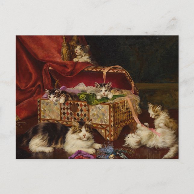 Kittens i Sewing Basket | Jules Leroy Vykort (Framsida)