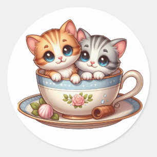 Kittens i Tea kopp Stickers Runt Klistermärke