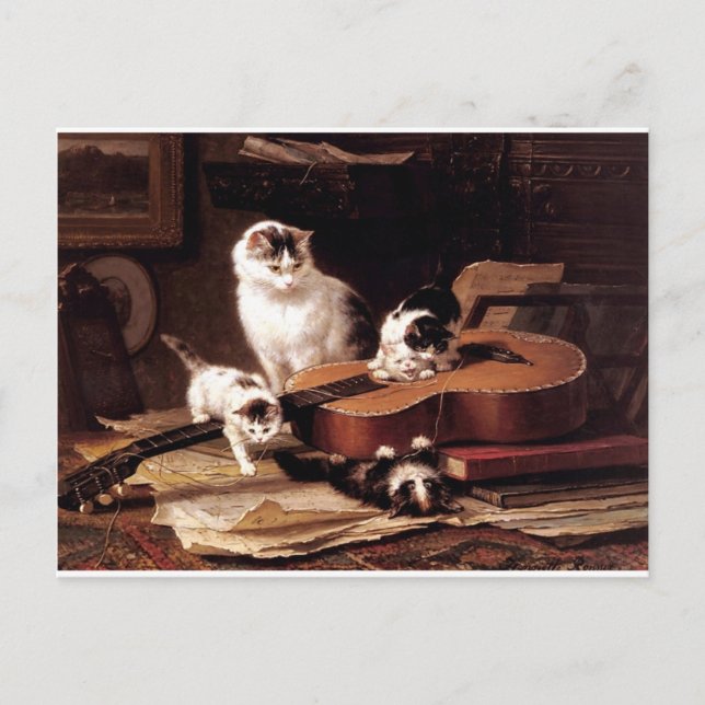 Kittens katt leker med guitar, stygg söt vykort (Framsida)