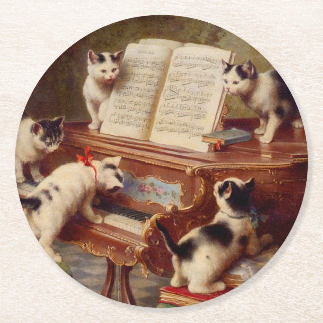 Kittens och Piano Underlägg Papper Rund (Framsidan)