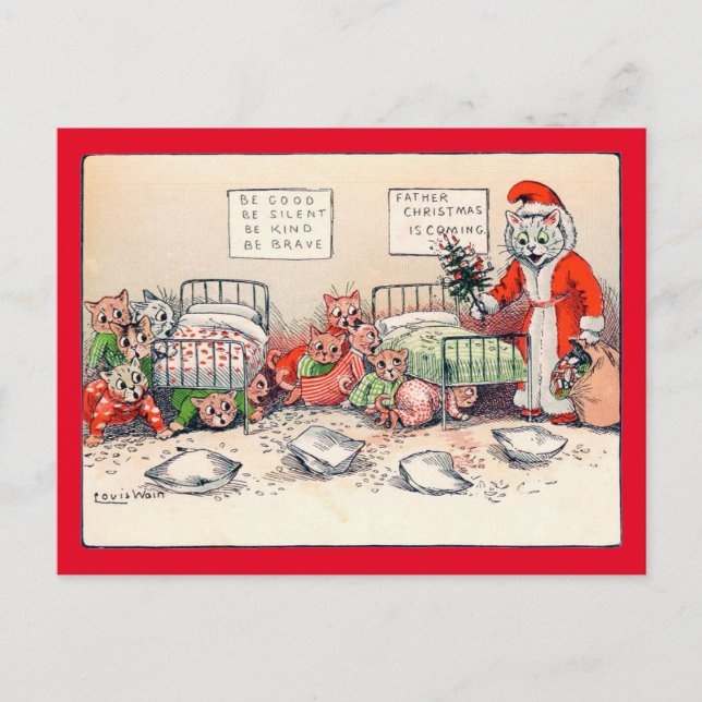 Kittens och Santa Cat, Louis Wain Vykort (Framsida)