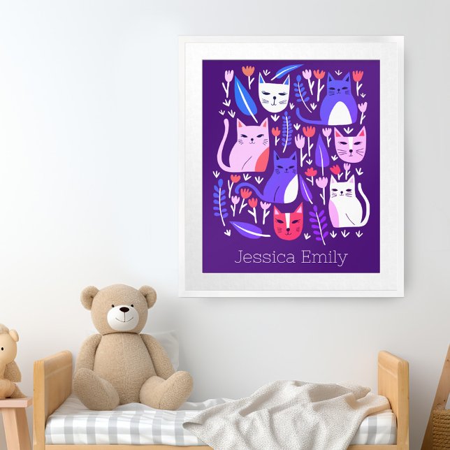 Kittens och Tulips Cute Cats ANPASSNINGSBAR BABY N Poster (Kittens and Tulips Cute Cats CUSTOM BABY NAME Art Poster Personalized Nursery Art Baby Kids Room)