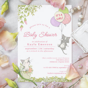 Kittens och Vår Blommigt Cute Girly Baby Shower Inbjudningar