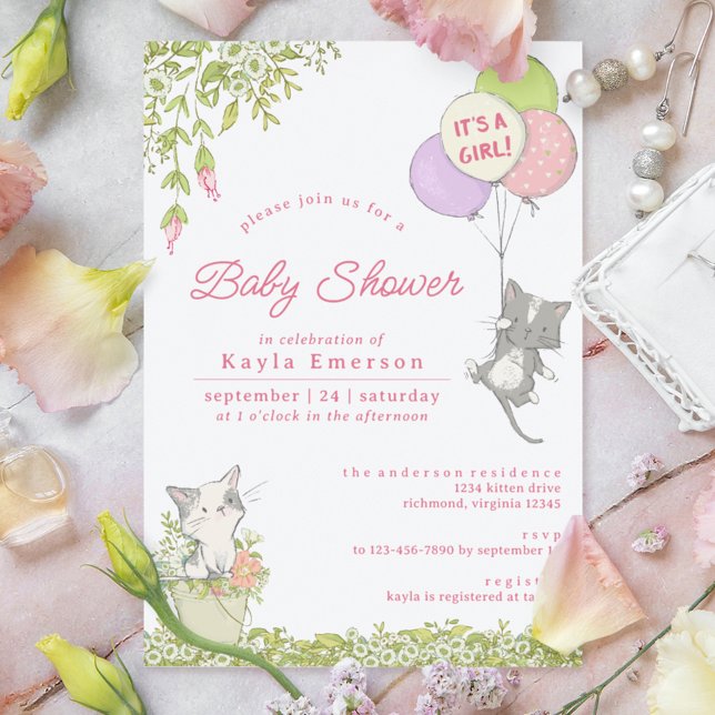 Kittens och Vår Blommigt | Cute Girly Baby Shower Inbjudningar (Skapare uppladdad)