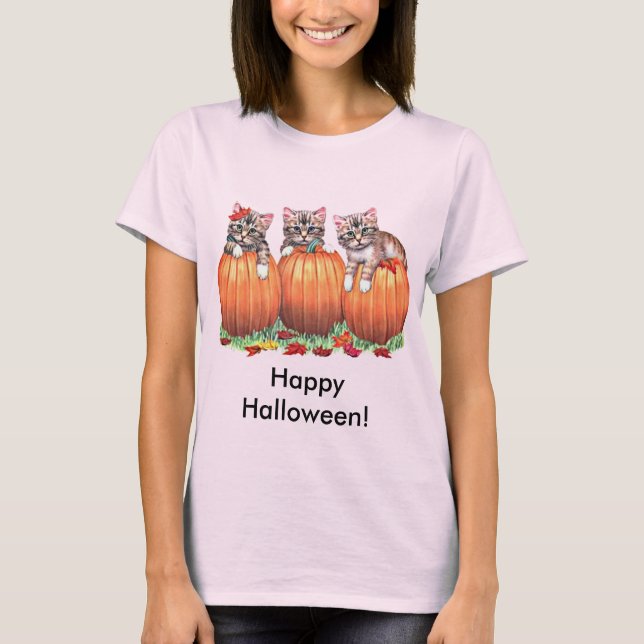 Kittens på Pumpkins för Halloween T Shirt (Framsida)