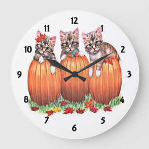 Kittens på Pumpkins Wall Clock Stor Klocka