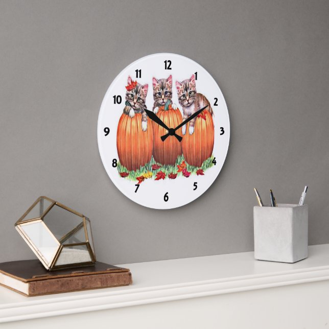 Kittens på Pumpkins Wall Clock Stor Klocka (Kontor)