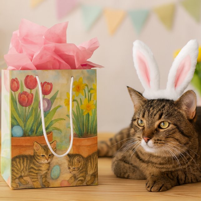 Kittens Playing with Easter Eggs  (Create sweet kitty memories with this darling watercolor Easter cat gift bag. It's just too cute!)