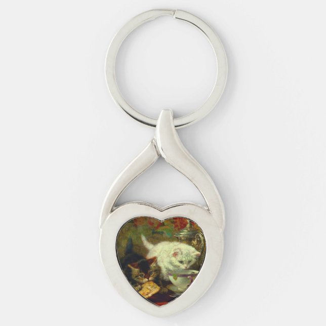 Kittens Tea Party Twisted Heart Silverfärgad Nyckelring (Framsidan)