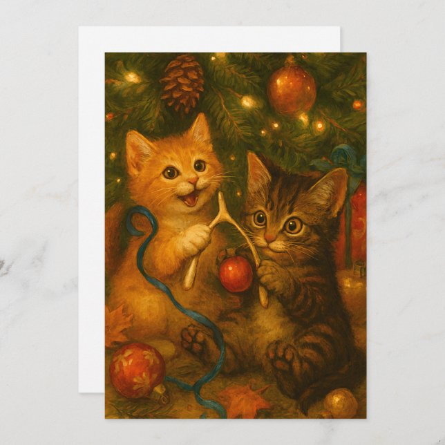 Kittens & Turkey Wishbone Under Christmas Tree Julkort (Fram/baksida)