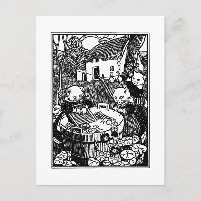 Kittens Tvättar Mittens Nursery Rhyme Vykort (Framsida)