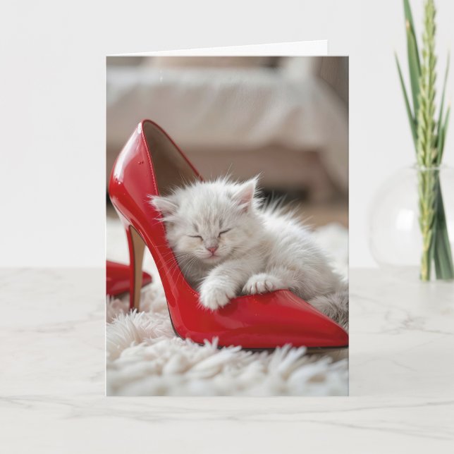 Kittis på mors dag sovande i en röd sko kort (Framsida)