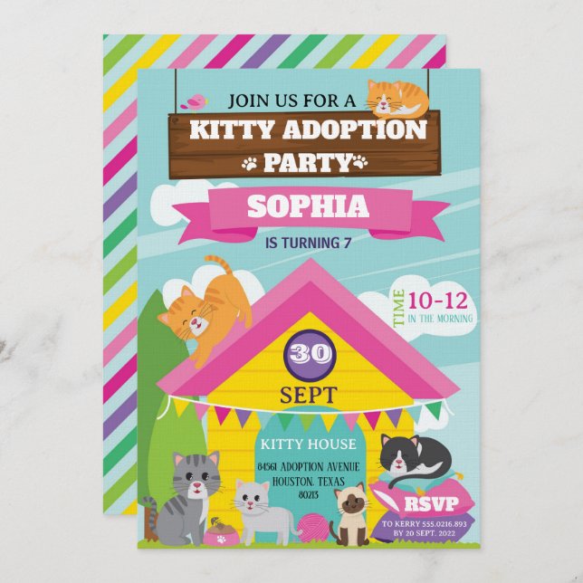 Kitty Birthday Invitation / Girl Kitten Party Inbjudningar (Fram/baksida)