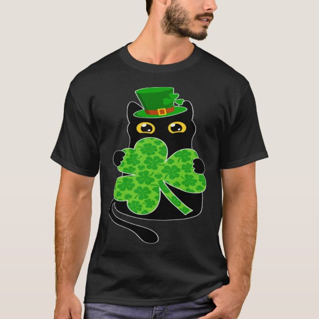 kItty Black Cat Holding Shamrock St Patricks Day 2 T Shirt (Framsida)