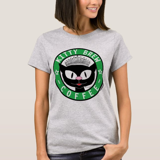 Kitty Brew Coffee Söt Svart Tecknad Katt T Shirt (Framsida)