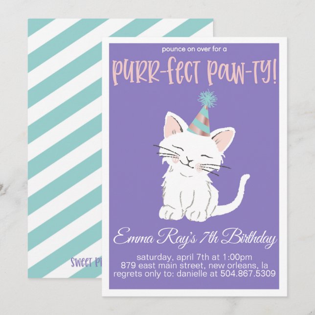 Kitty Cat Birthday Party Invitation Inbjudningar (Fram/baksida)