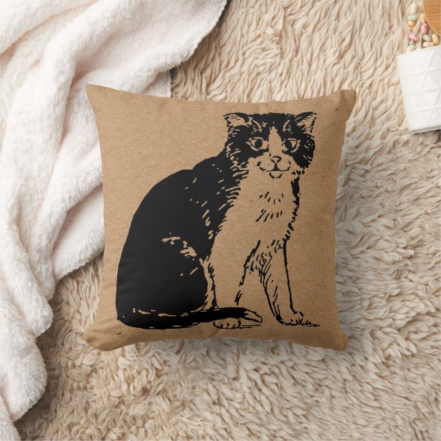 Kitty Cat on Brown Paper Fine Art Kudde (Filt)