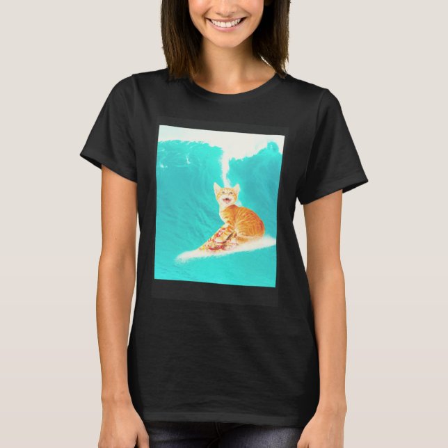 Kitty Cat Surfing Pizza T Shirt (Framsida)