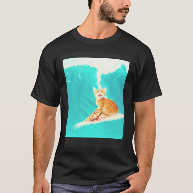 Kitty Cat Surfing Pizza T Shirt (Framsida)