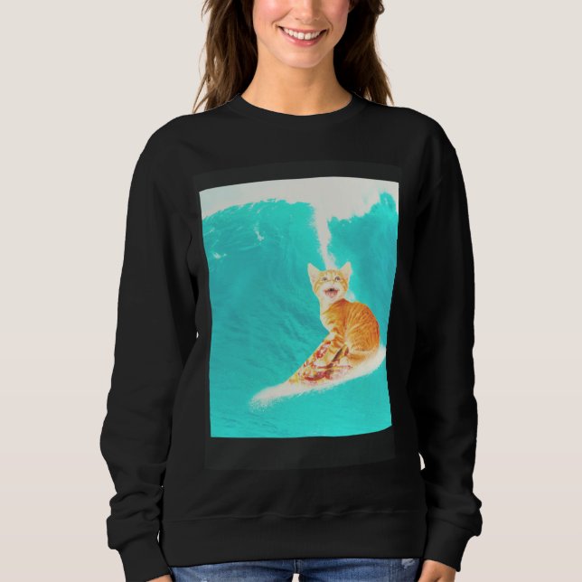 Kitty Cat Surfing Pizza T Shirt (Framsida)