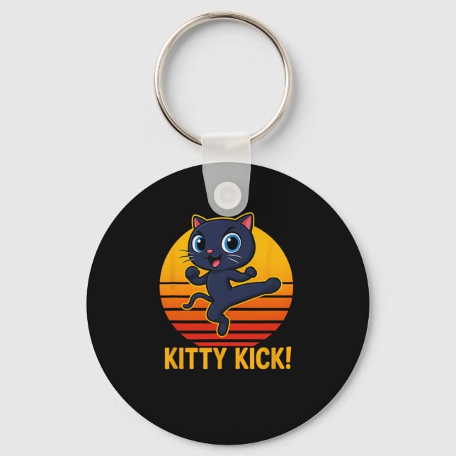 Kitty Kick Karate Kampkonst Katt Retro Solnedgång  Nyckelring (Framsida)