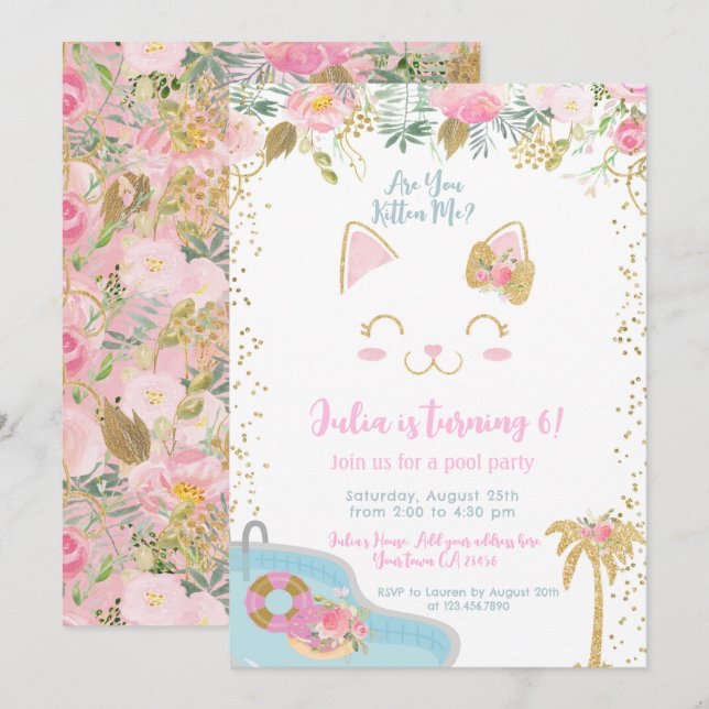 Kitty Pool Party Invitation Inbjudningar (Fram/baksida)