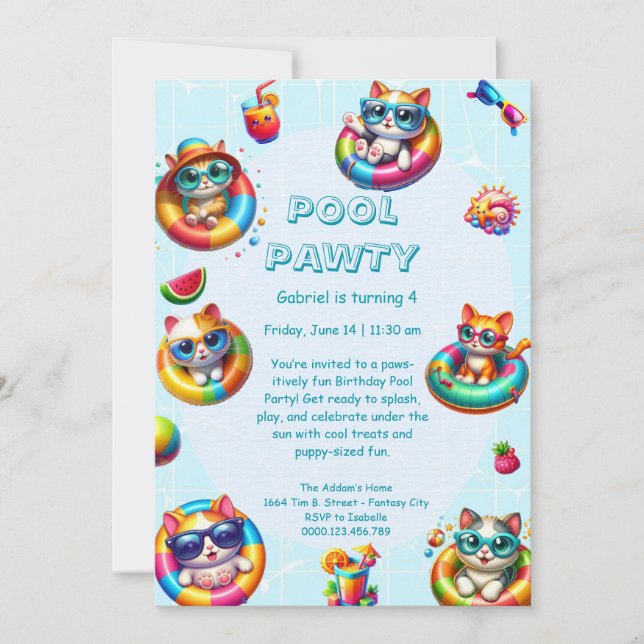Kitty Splash Födelsedagsfest Pool Invitation Inbjudningar (Framsida)