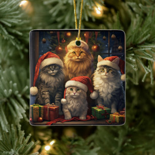Kittykvartett firar jul julgransprydnad keramik