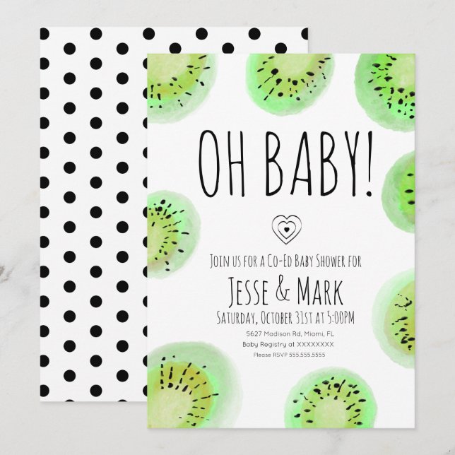 Kiwi Baby Shower Vattenfärg Prickar Inbjudningar (Fram/baksida)