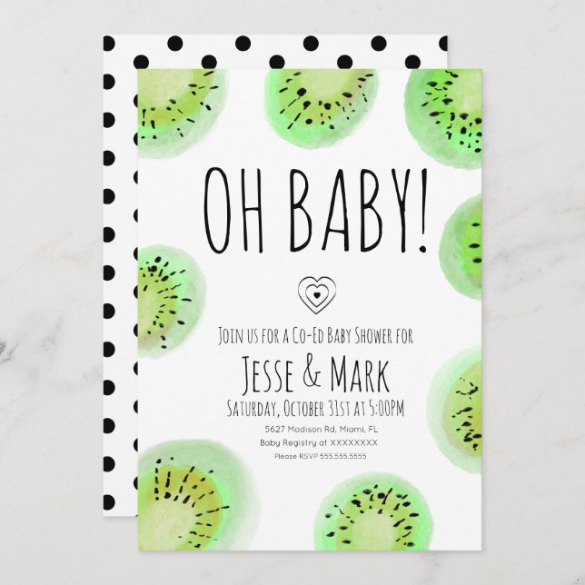 Kiwi Baby Shower Watercolor Prickelpunkter Inbjudningar (Fram/baksida)
