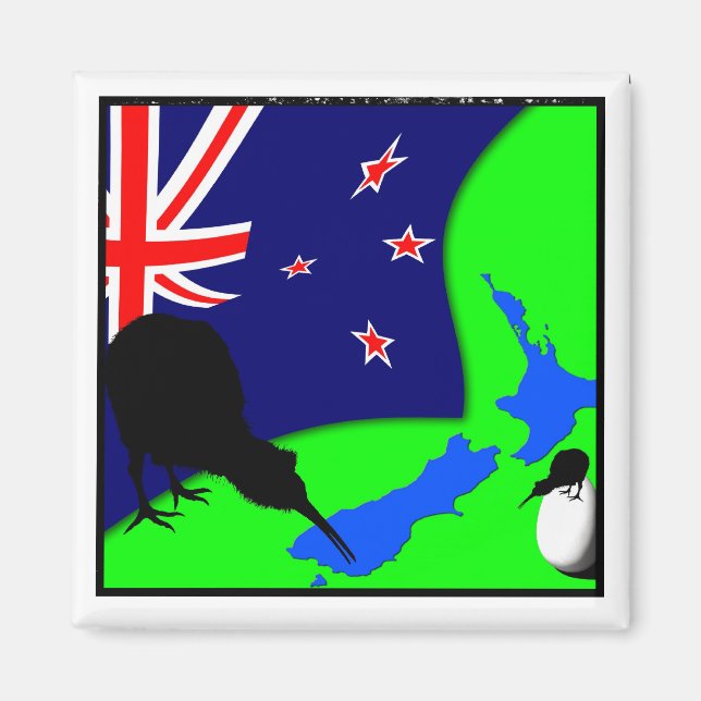 Kiwi Bird, Egg och Nya Zeeland Karta (teckning) Magnet (Framsidan)