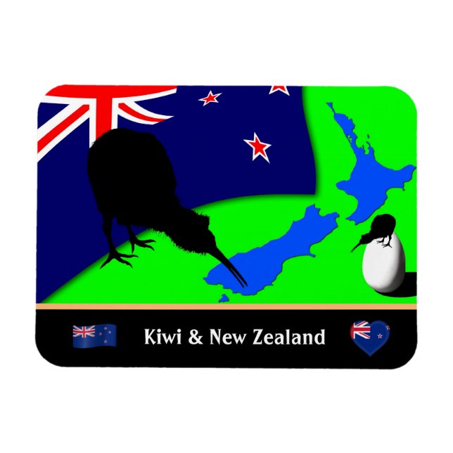 Kiwi Bird, Flagga & Karta Nya Zeeland /art Magnet (Horisontell)
